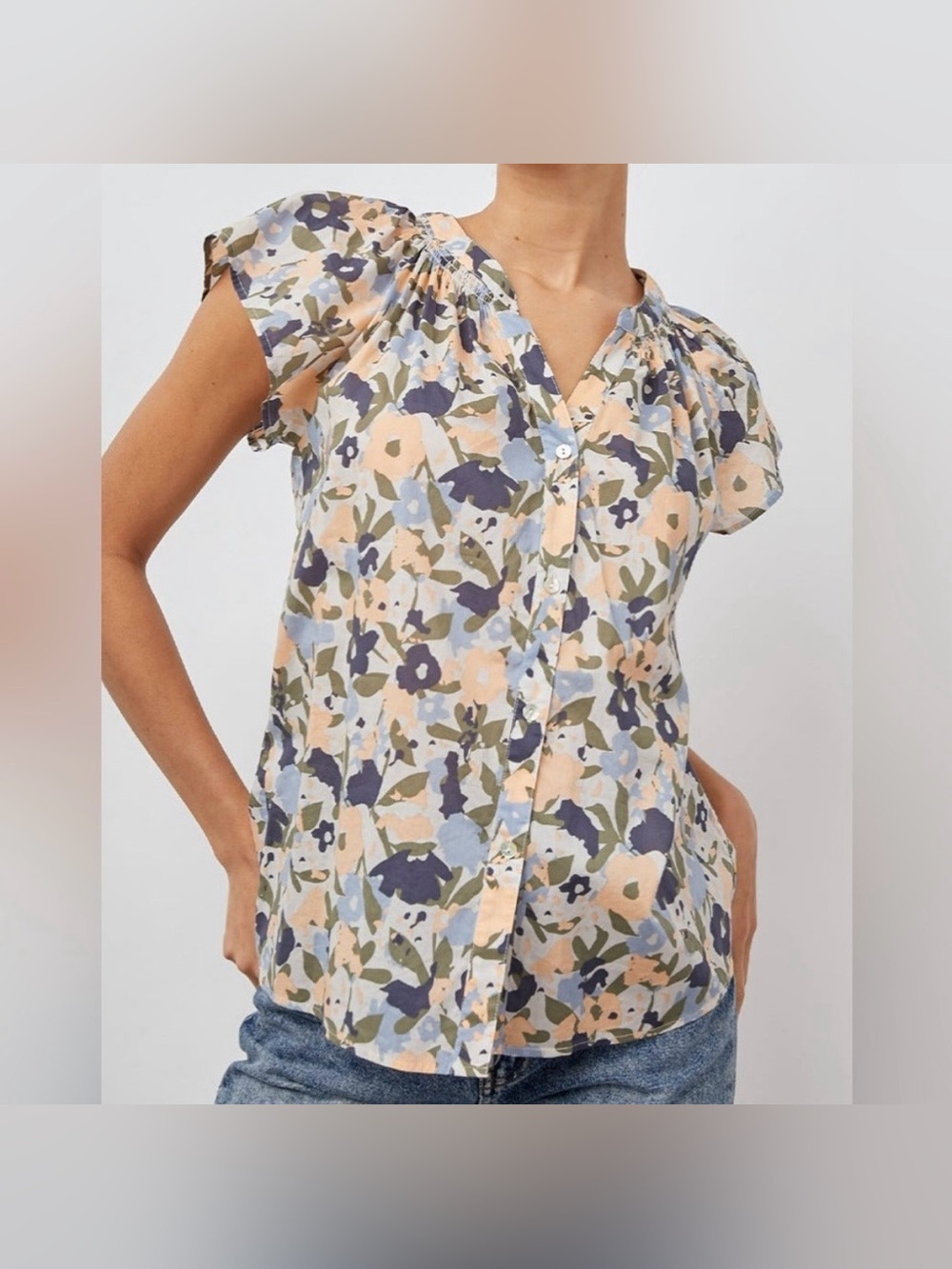 Rails ALENA TOP - MOD FLORAL cotton boho flutter sleeve quiet luxury blouse XL - Picture 2 of 10